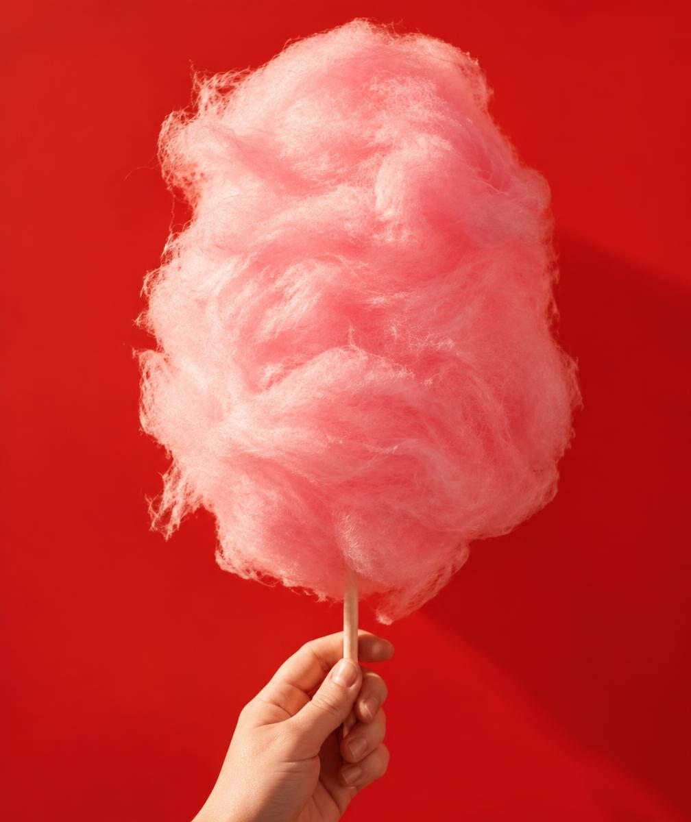Illustrative fluffy pink cotton candy on a stick