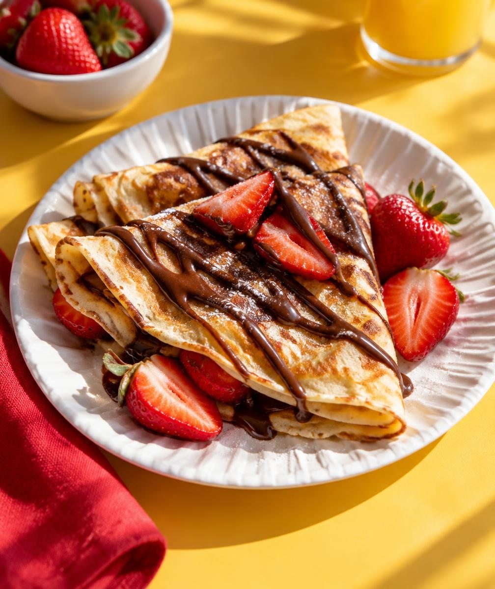 Illustrative crepes with chocolate and strawberries