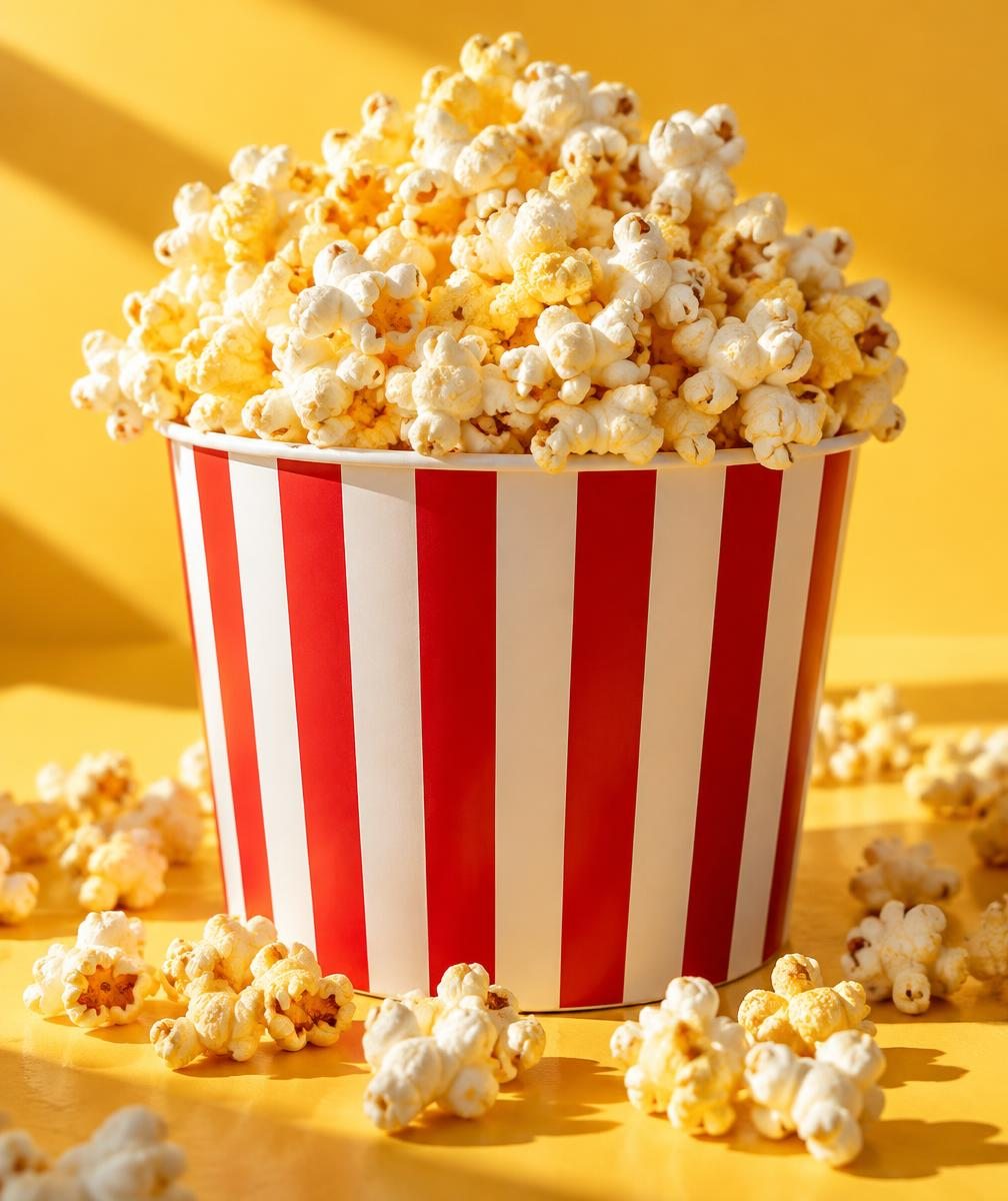 Illustrative popcorn in a striped tub
